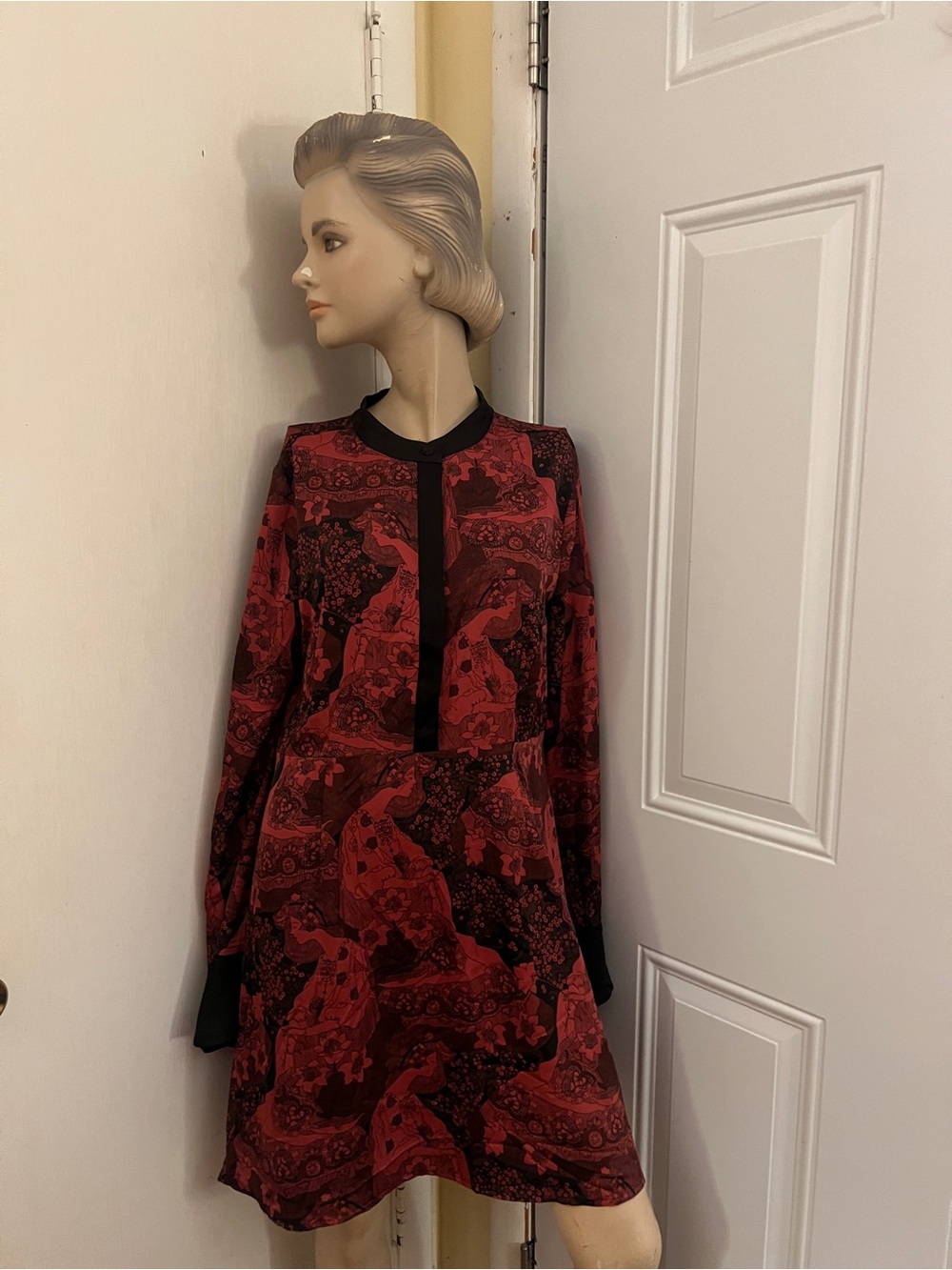 Modcloth Red and Black Printed Long-Sleeve A-Line Dress